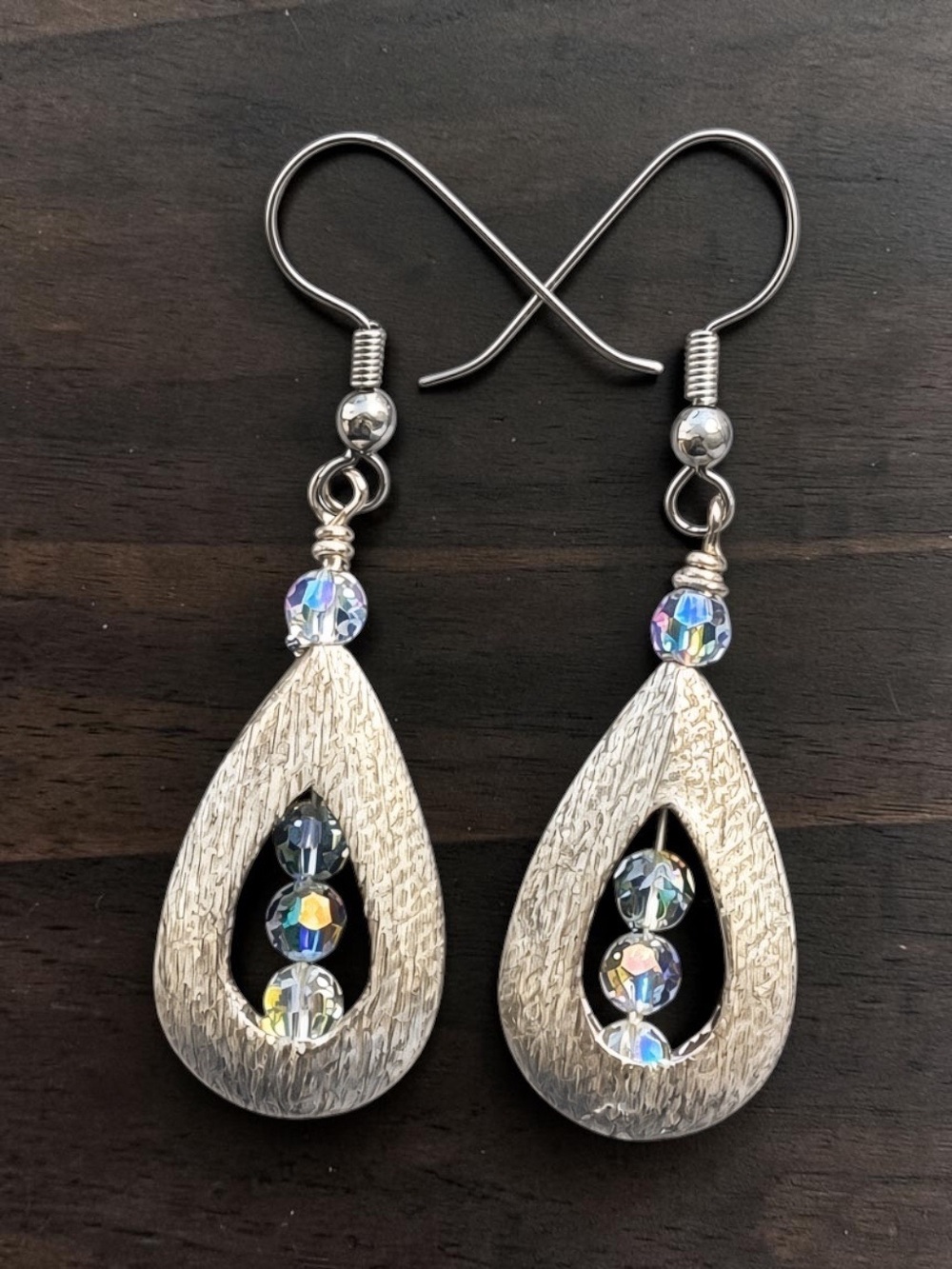 Brushed Champagne Gold Teardrop Drop Earrings Iridescent Crystal Beads